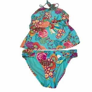 Trina Turk Aqua Floral Two Piece Swim Suit Sz 8/10
